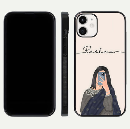 Mirror Mood Muse Custom Name Glass Case for iPhone 12 Mini front & back layout showing personalized name placement