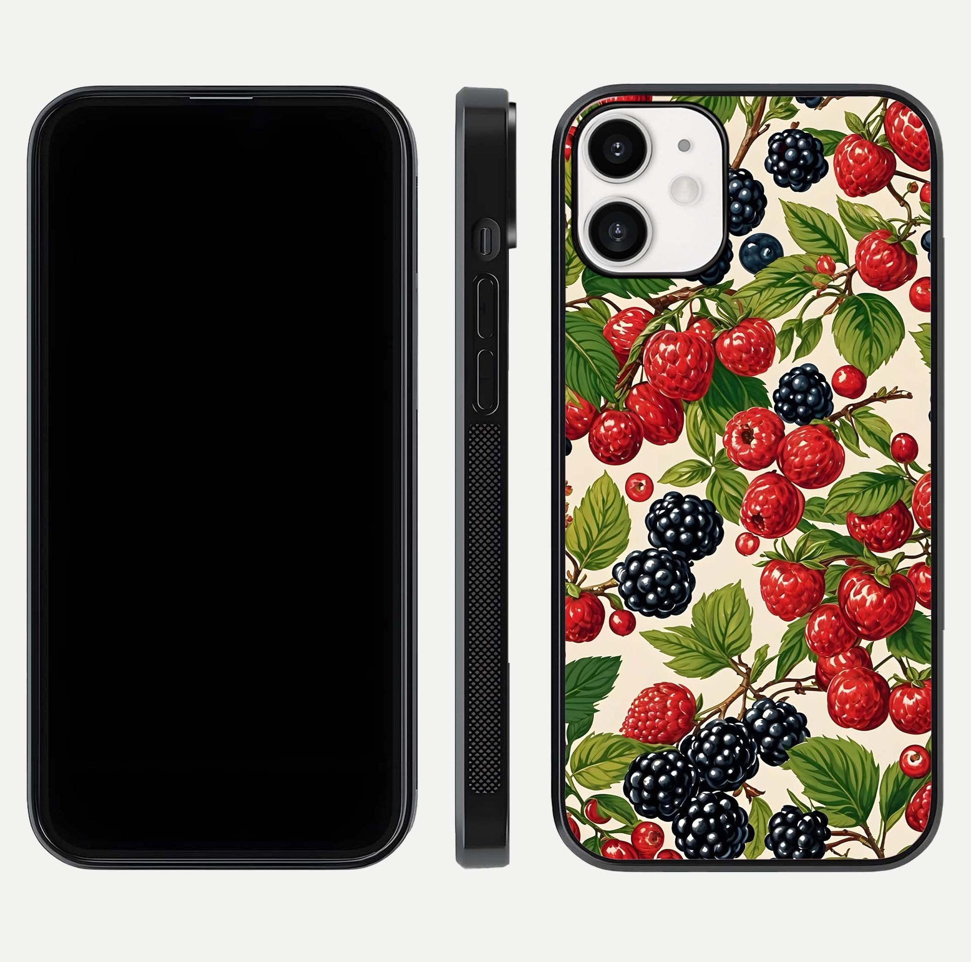 Mixed Berry Collage Glass Case for iPhone 12 Mini front & back layout highlighting colorful art and curved edges