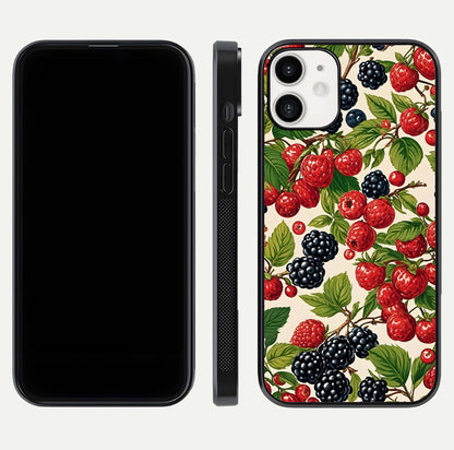 Mixed Berry Collage Glass Case for iPhone 12 Mini front & back layout highlighting colorful art and curved edges