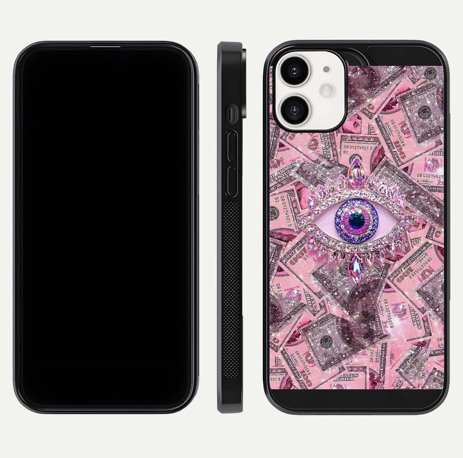 Money Eye Luxe Glass Case for iPhone 12 Mini front & back layout highlighting luxury edge design and bold art