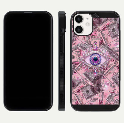 Money Eye Luxe Glass Case for iPhone 12 Mini front & back layout highlighting luxury edge design and bold art
