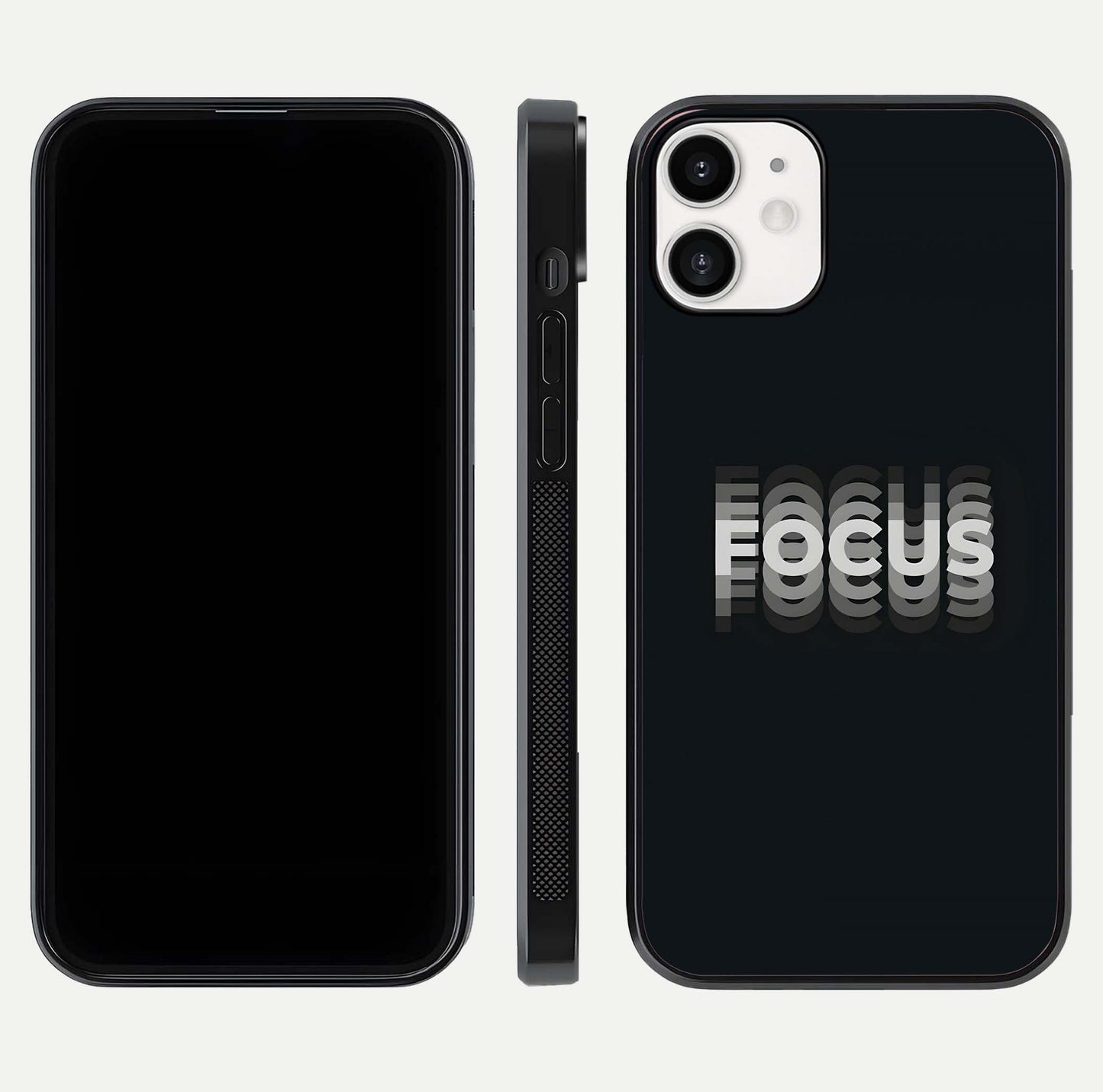 Mono Focus Vision Glass Case for iPhone 12 Mini front & back layout showing clean focus lines and curved edges