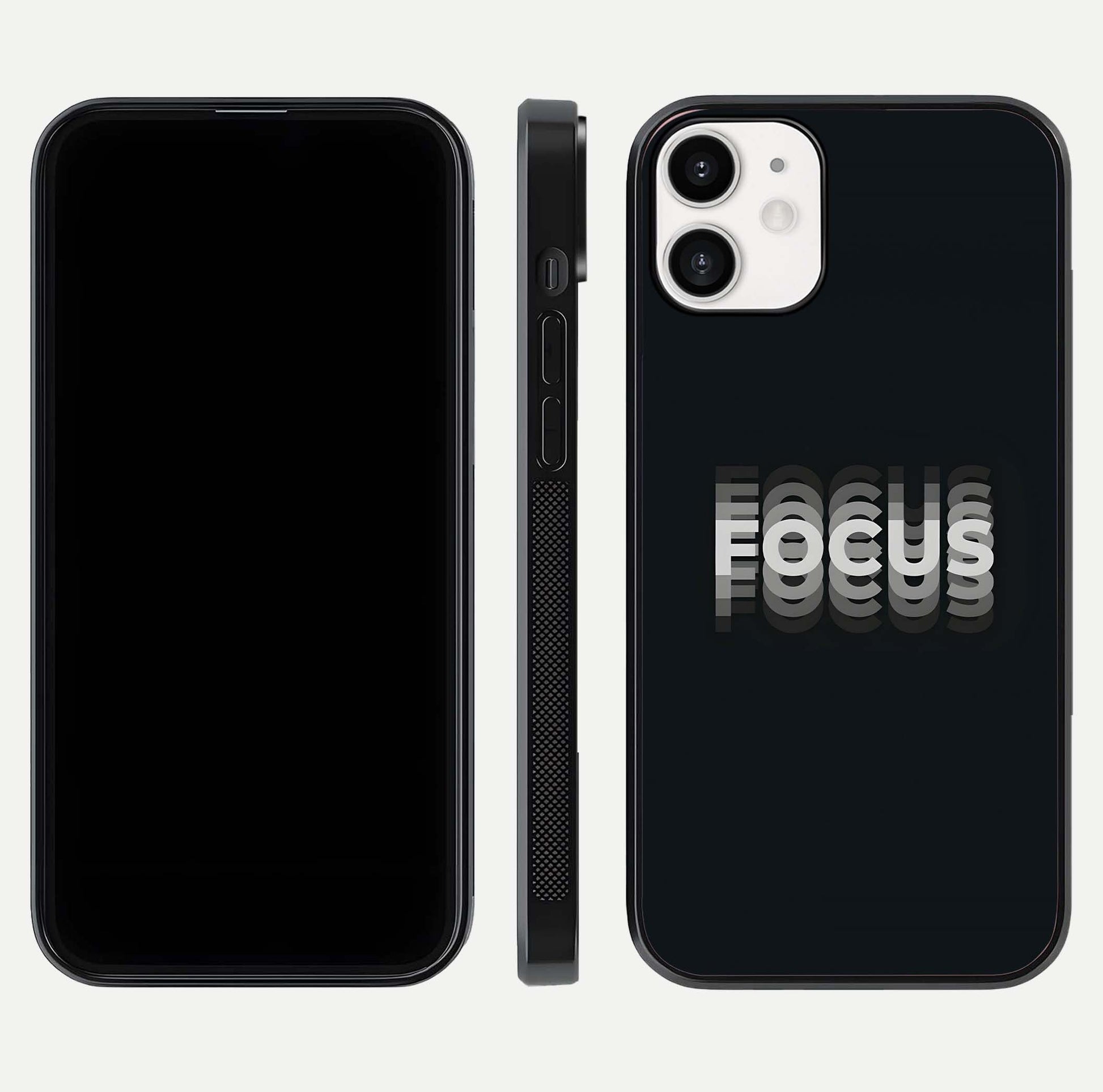 Mono Focus Vision Glass Case for iPhone 12 Mini front & back layout showing clean focus lines and curved edges
