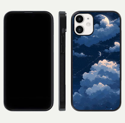 Moon Dream Haze Glass Case for iPhone 12 Mini front & back layout highlighting dreamy design and curved shape