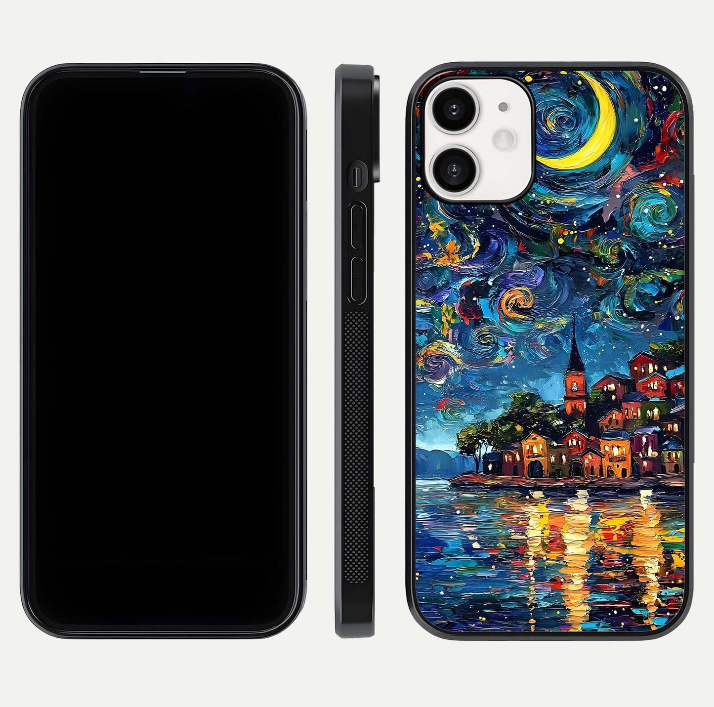 Moonlight Harbor Glow Glass Case for iPhone 12 Mini front & back layout highlighting calm harbor tones