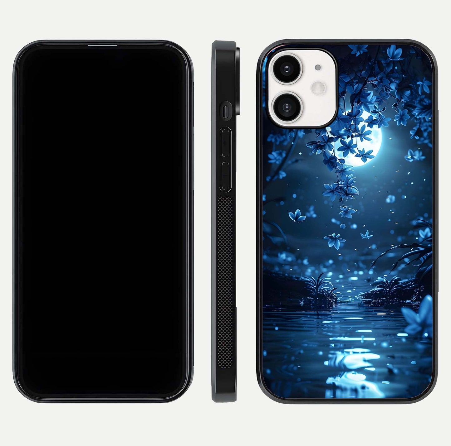 Moonlight Petal Dream Glass Case for iPhone 12 Mini front & back layout highlighting soft pastel tones
