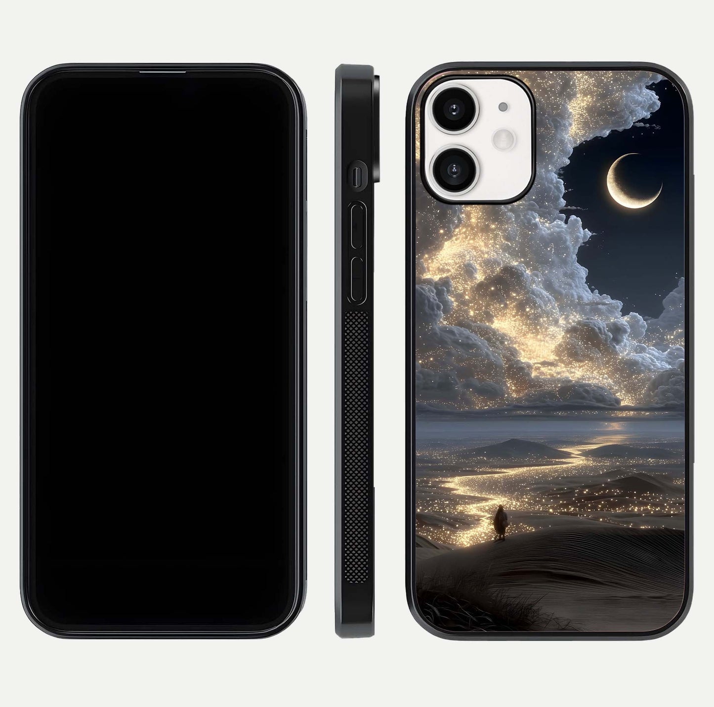 Moonlight Spark Path Glass Case for iPhone 12 Mini front & back layout highlighting calm tones and sleek edges