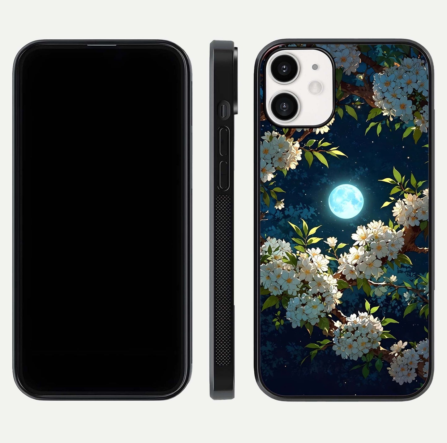 Moonlit Blossom Dream Glass Case for iPhone 12 Mini front & back layout highlighting moonlit tones and edges