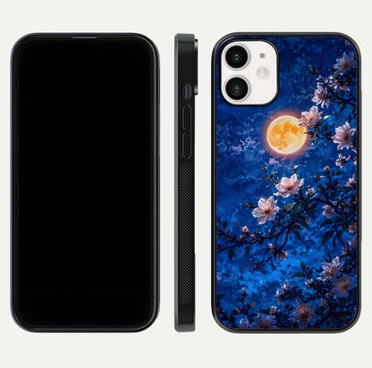 Moonlit Blossoms Night Glass Case for iPhone 12 Mini front & back layout highlighting moonlit tones and curved edges