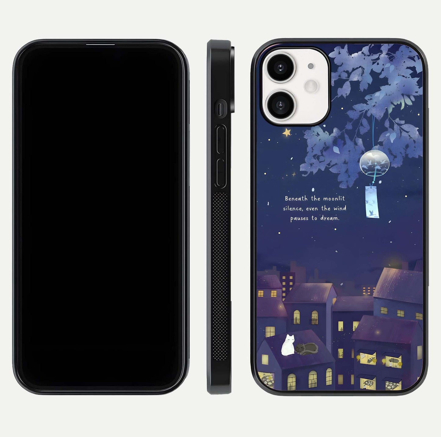 Moonlit Cat Silence Glass Case for iPhone 12 Mini front & back layout highlighting calm tones and edge detail