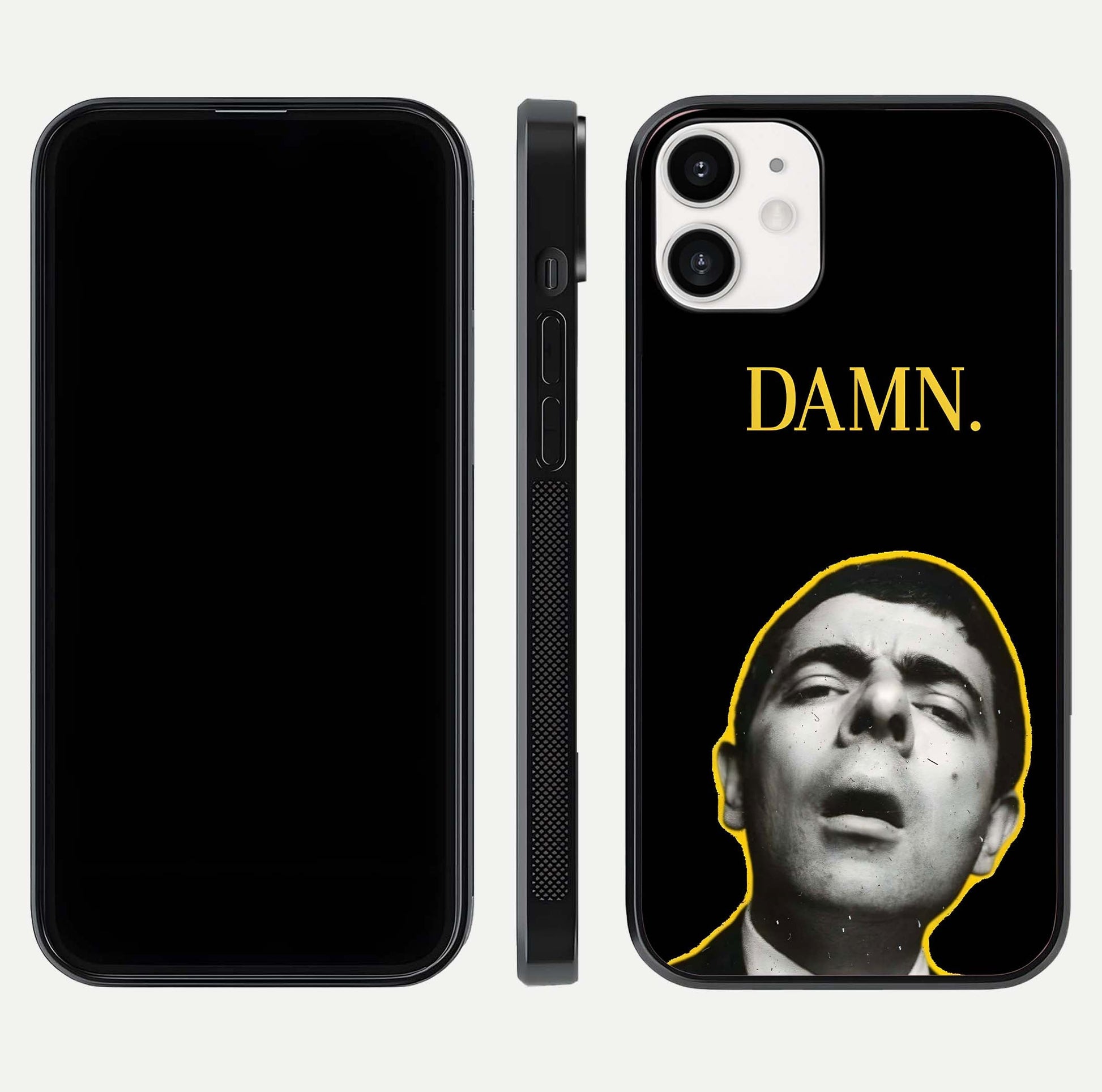 Mr Bean Damn Glass Case for iPhone 12 Mini front & back layout displaying fun artwork and curved smooth edges