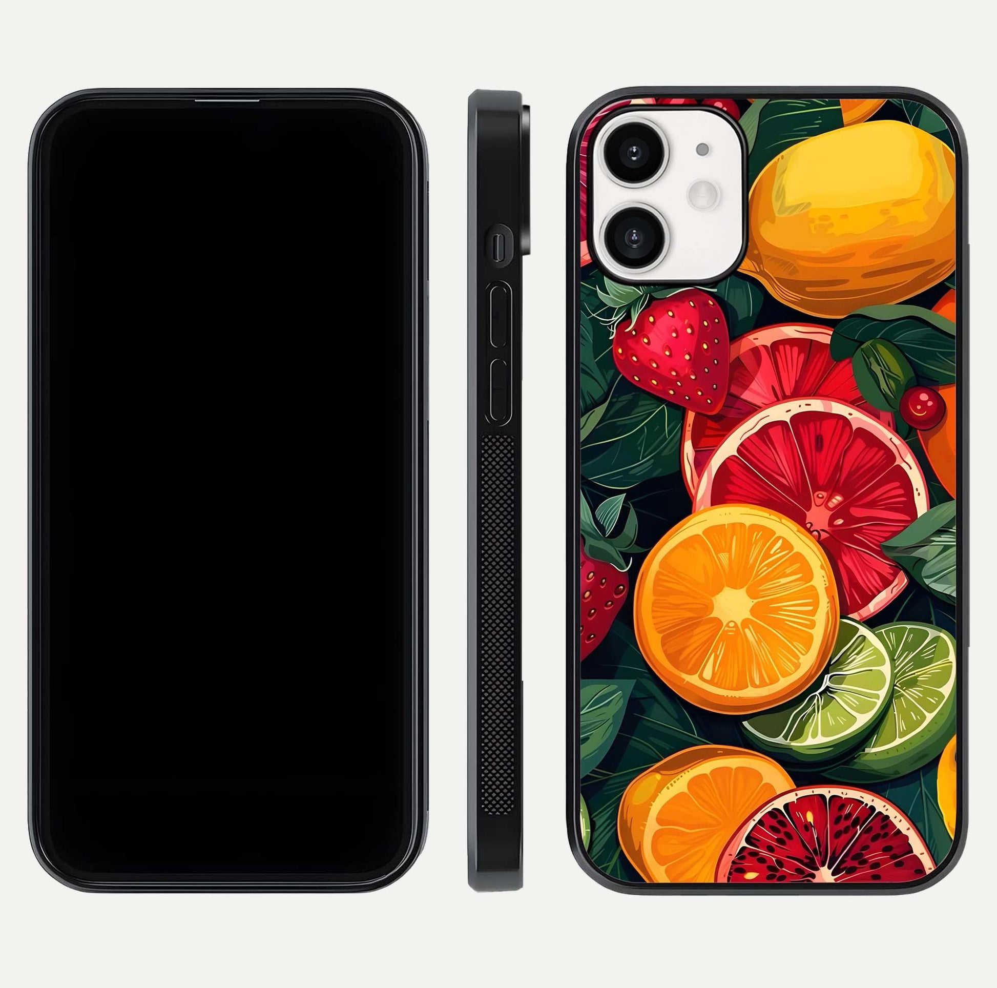Multiple Fruits Glass Case for iPhone 12 Mini front & back layout highlighting vibrant tones and curved edges