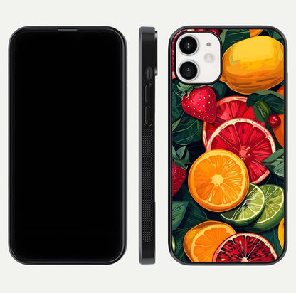 Multiple Fruits Glass Case for iPhone 12 Mini front & back layout highlighting vibrant tones and curved edges