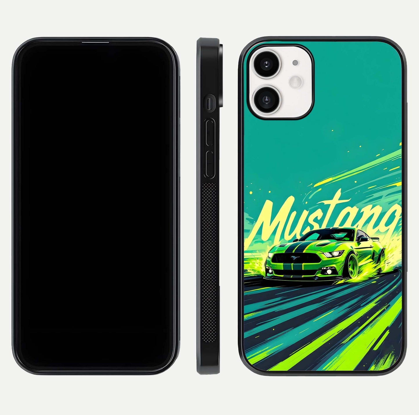 Mustang Bang Glass Case for iPhone 12 Mini front & back layout highlighting dark automotive tones and edge detail