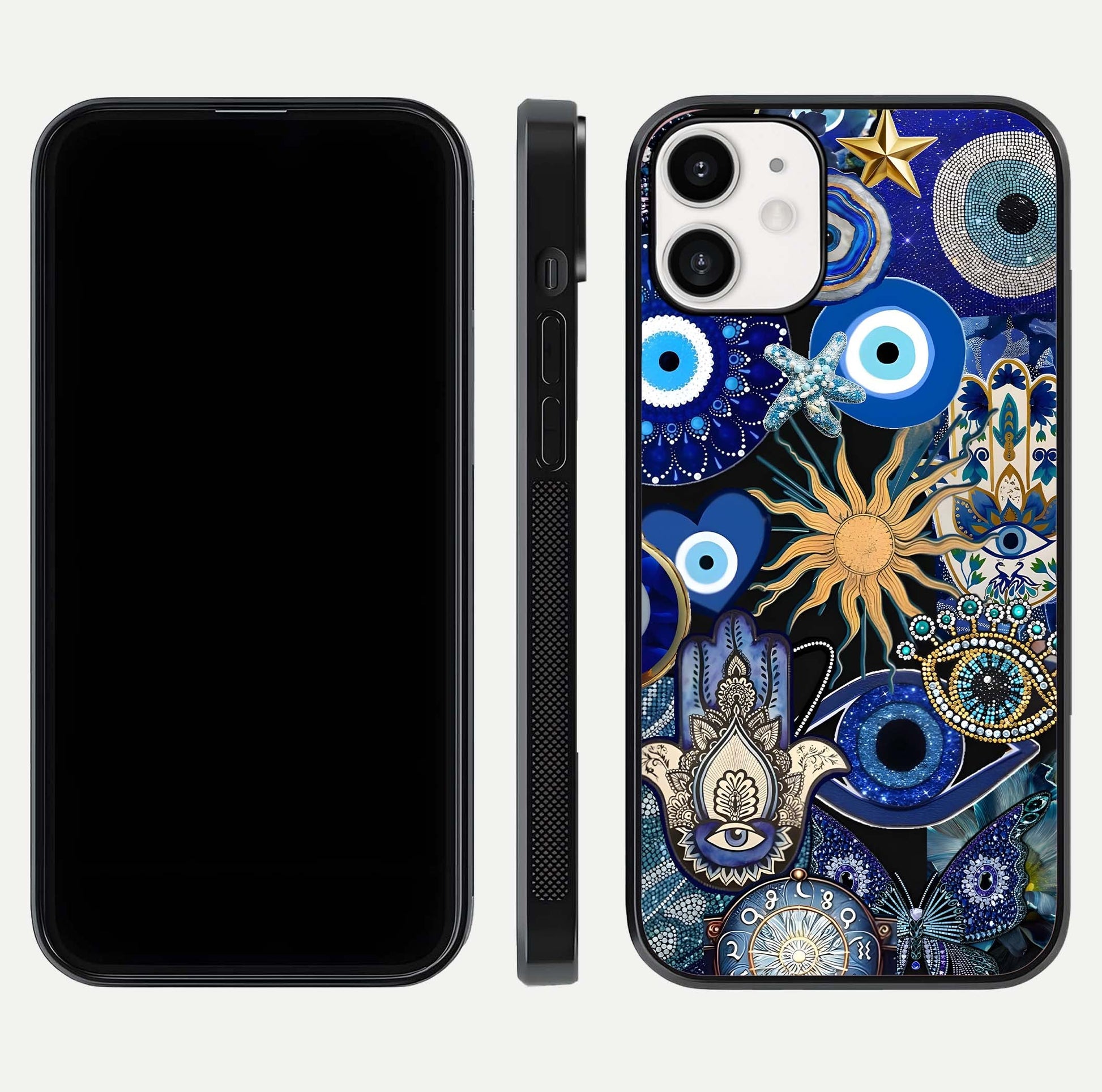 Mystic Blue Evil Eye Glass Case for iPhone 12 Mini front & back layout showing elegant tones and edge finish