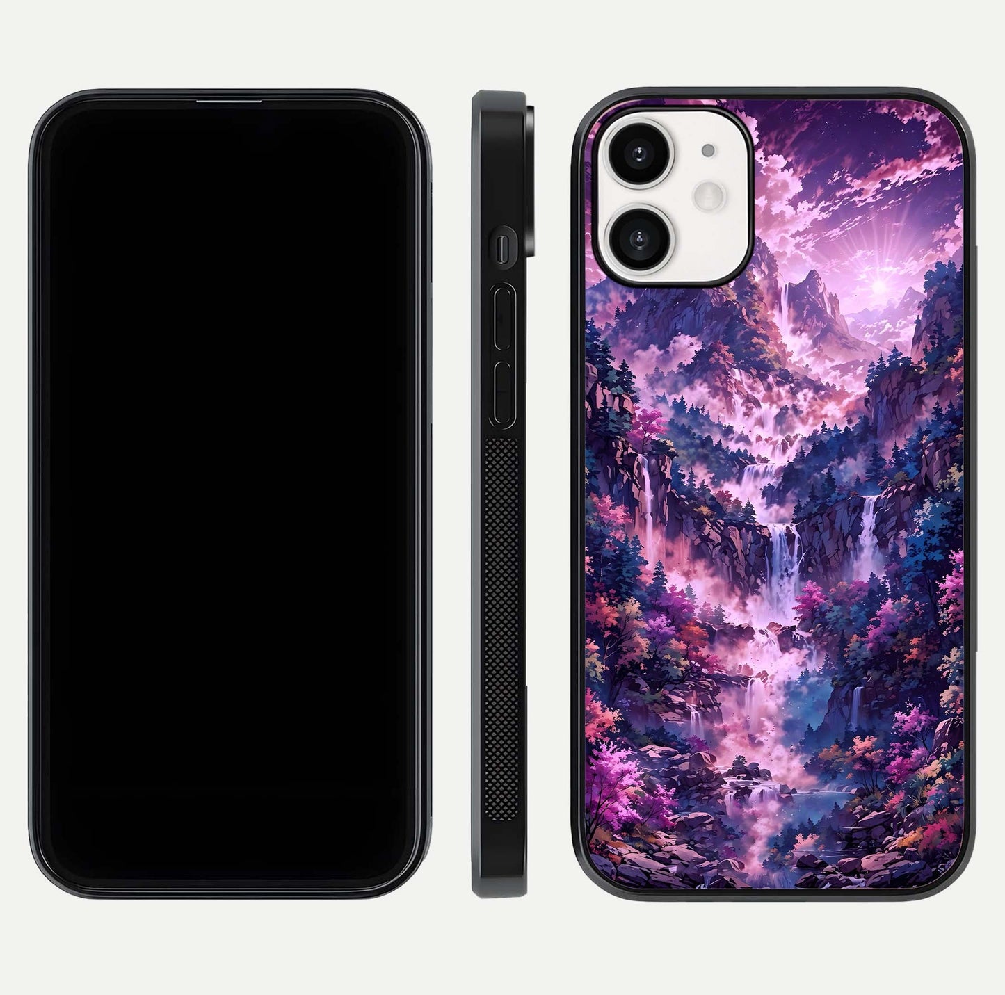 Mystic Cascade Peaks Glass Case for iPhone 12 Mini front & back layout highlighting HD landscape tones