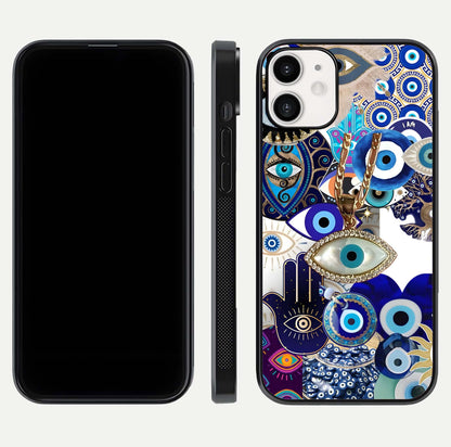 Mystic Charm Eye Glass Case for iPhone 12 Mini front & back layout highlighting spiritual design and edges