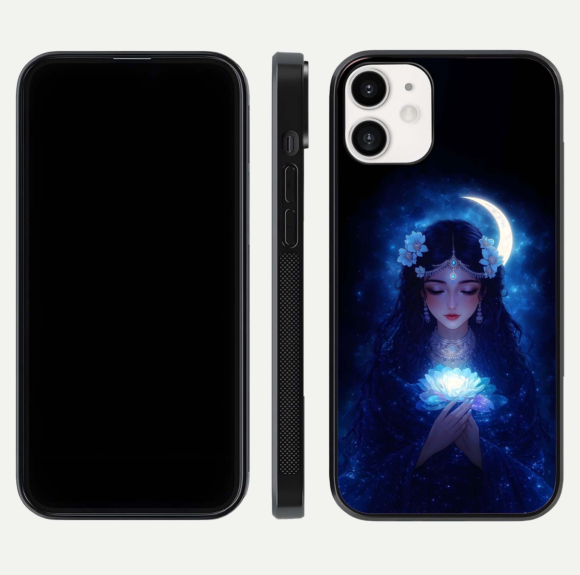 Mystic Moon Queen Glass Case for iPhone 12 Mini front & back layout highlighting divine illustration and edges