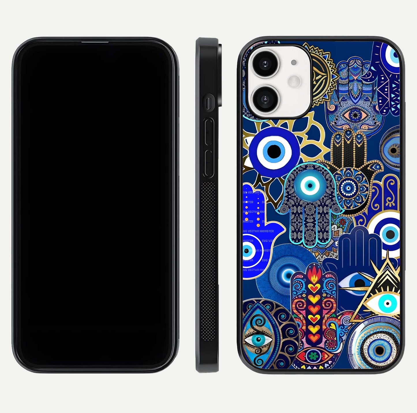 Mystic Palm Guard Glass Case for iPhone 12 Mini front & back layout highlighting spiritual art and edge finish