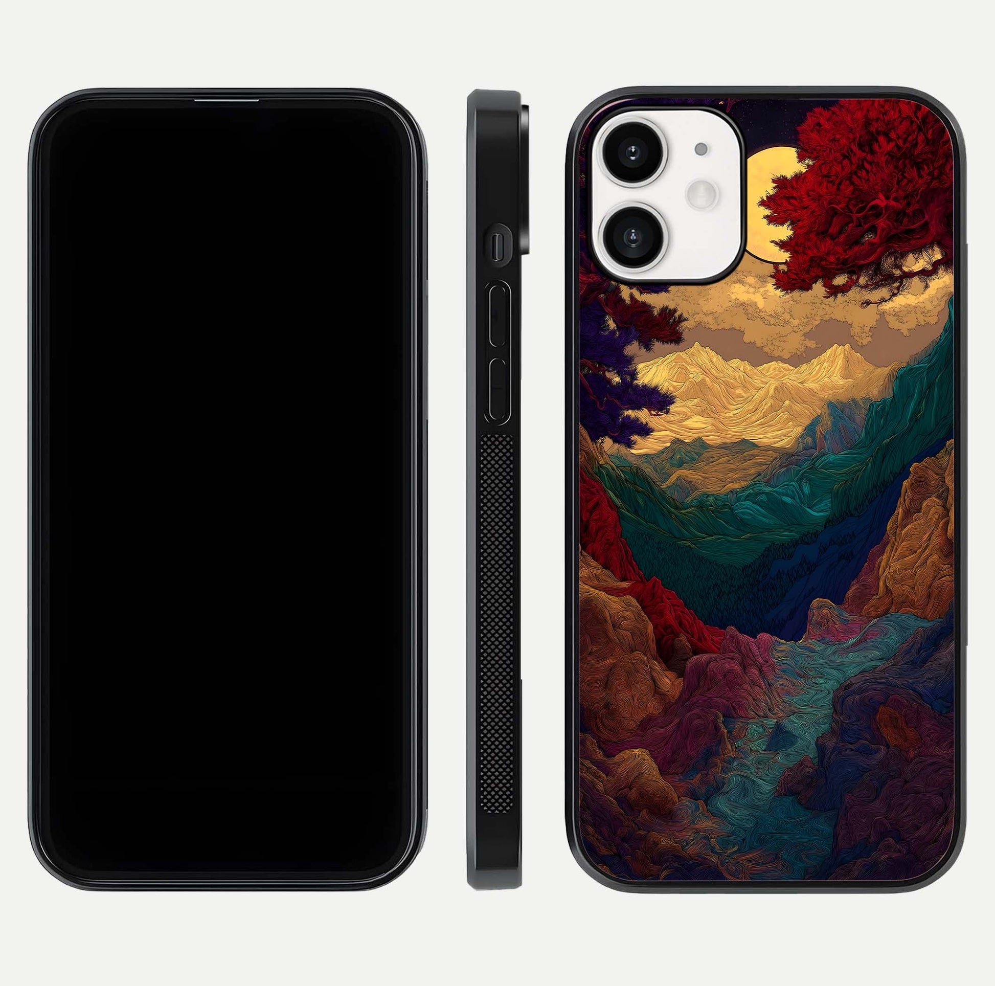 Mystic Valley Light Glass Case for iPhone 12 Mini front & back layout displaying landscape tones and edges