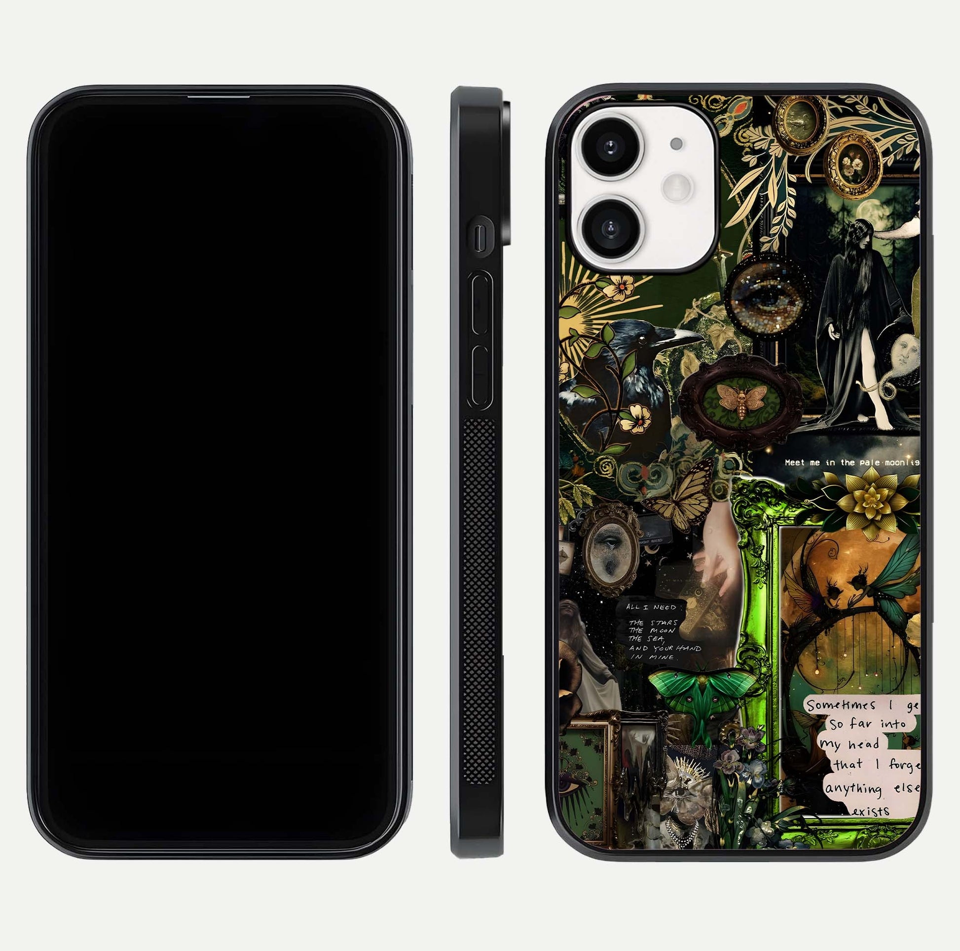 Mystic Woods Secret Glass Case for iPhone 12 Mini front & back layout showing nature theme and smooth edges