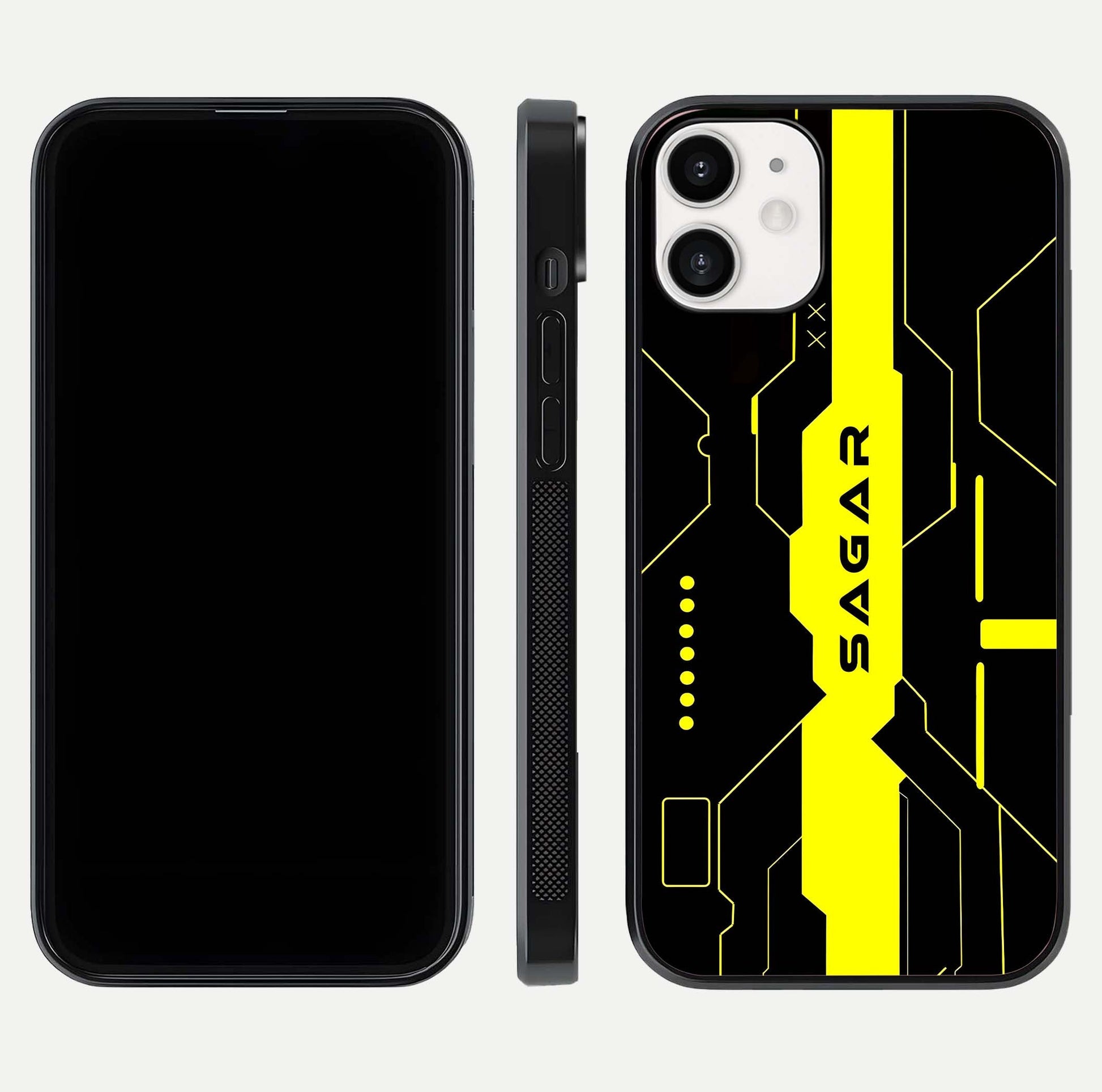 Neon CYBERPUNK Custom Name Glass Case for iPhone 12 Mini front & back layout showing tech art and custom edge