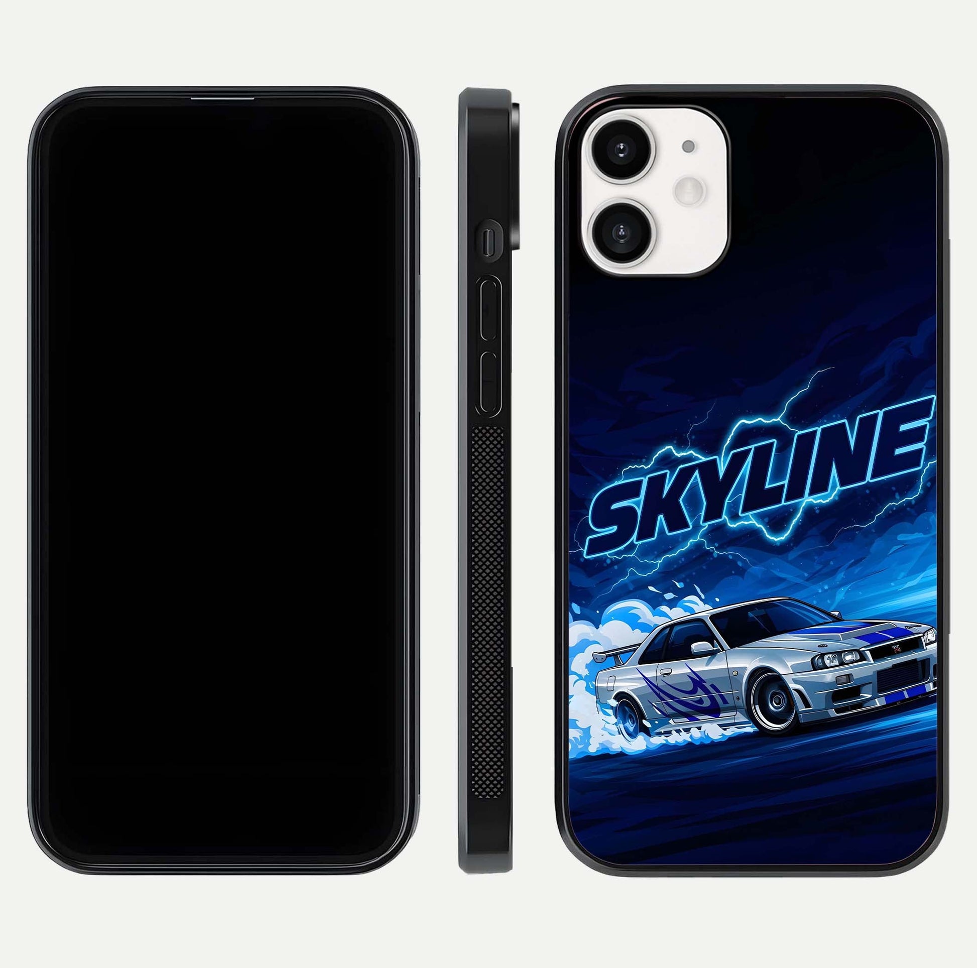 Neon Drift Beast Glass Case for iPhone 12 Mini front & back layout showing car silhouette and edge design