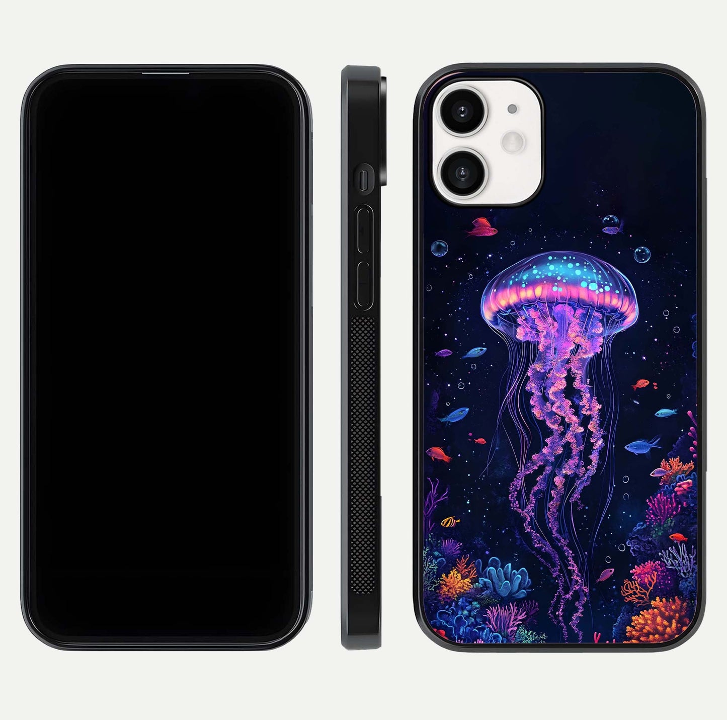 Neon Jellyfish Glass Case for iPhone 12 Mini front & back layout highlighting HD marine art and curved edges