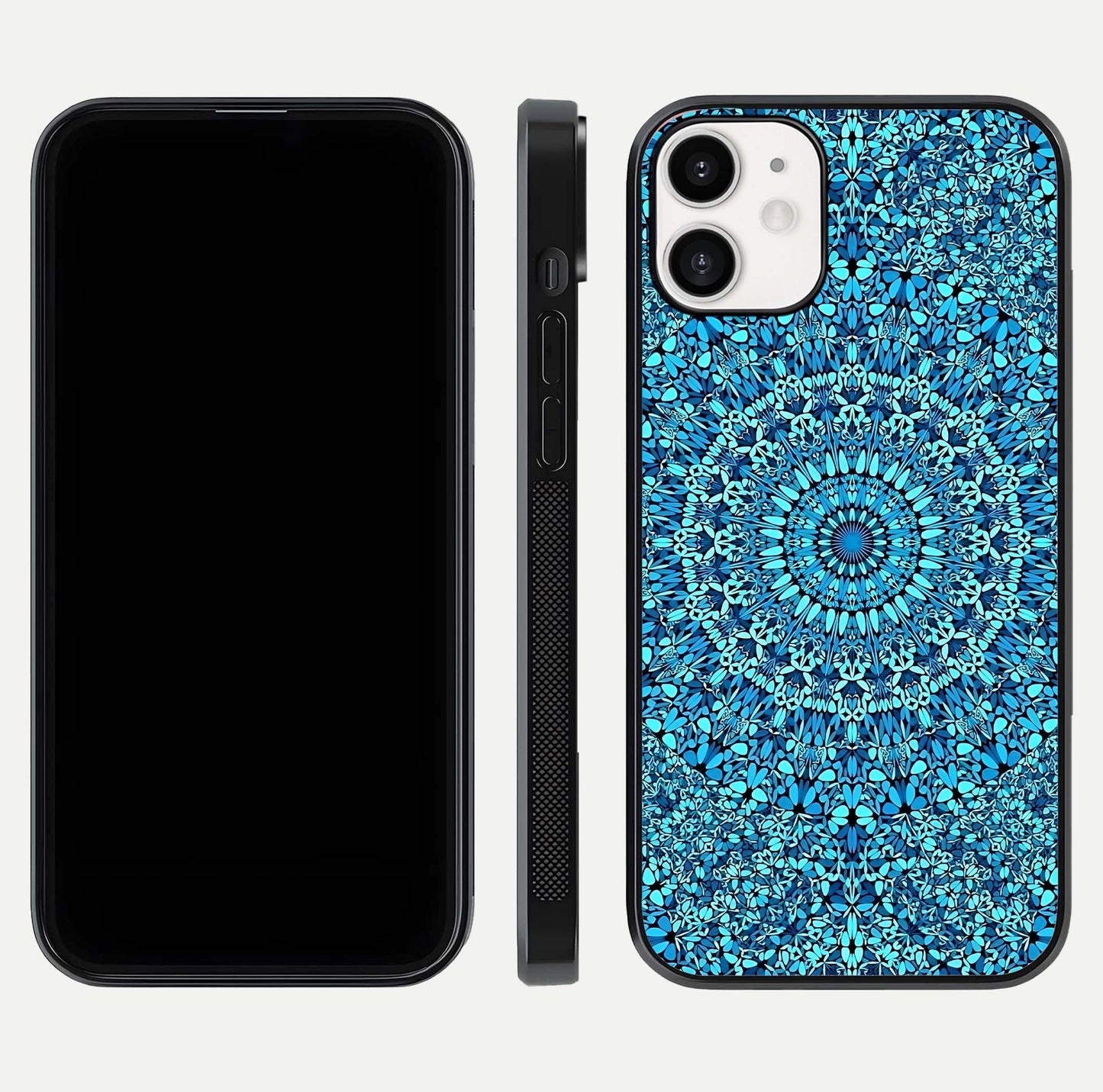Ocean Bloom Mandala Glass Case for iPhone 12 Mini front & back layout showing ocean tone design and edges