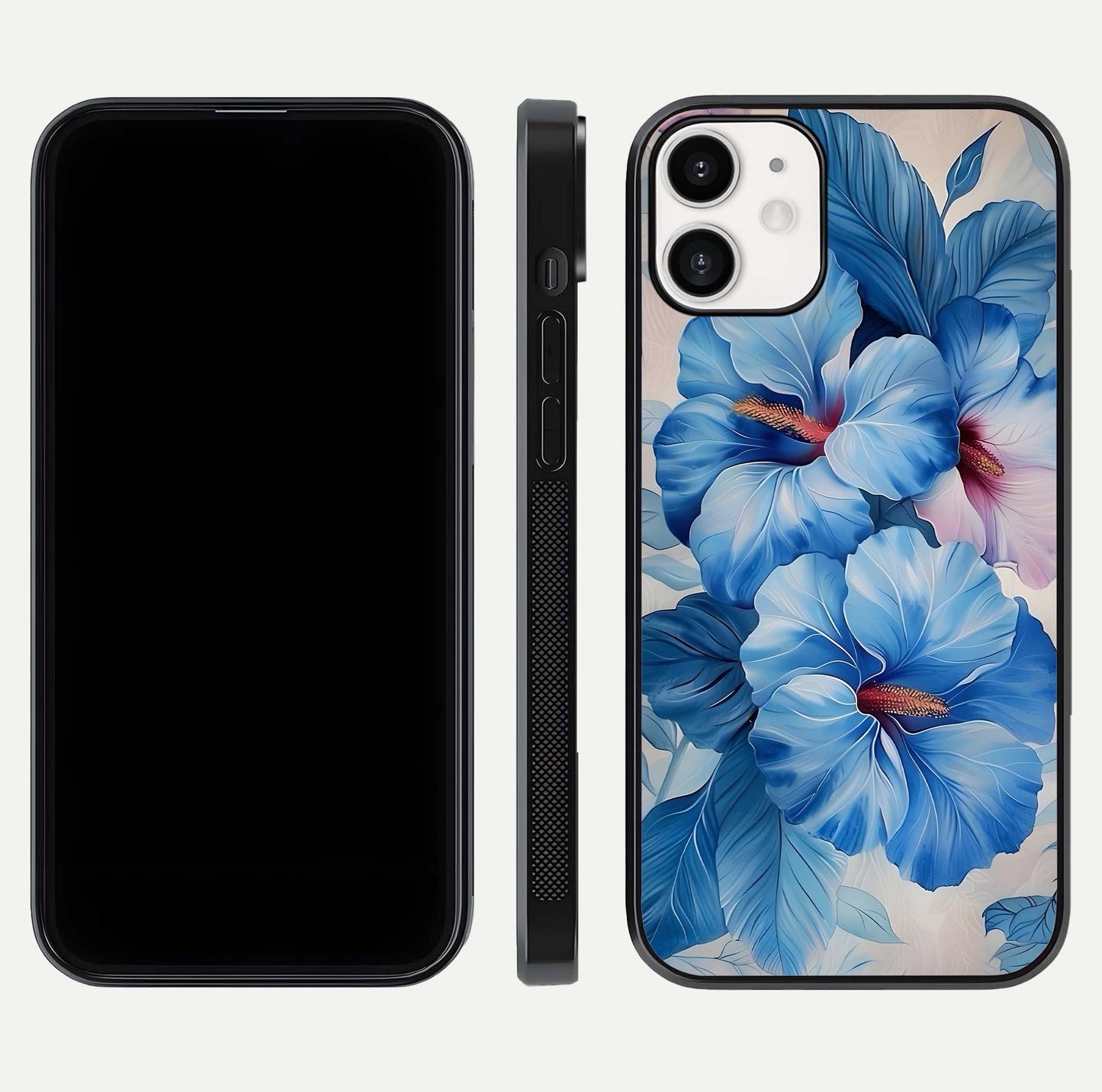 Ocean Hibiscus Grace Glass Case for iPhone 12 Mini front & back layout showing vibrant oceanic tones and curves