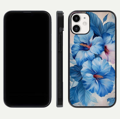 Ocean Hibiscus Grace Glass Case for iPhone 12 Mini front & back layout showing vibrant oceanic tones and curves