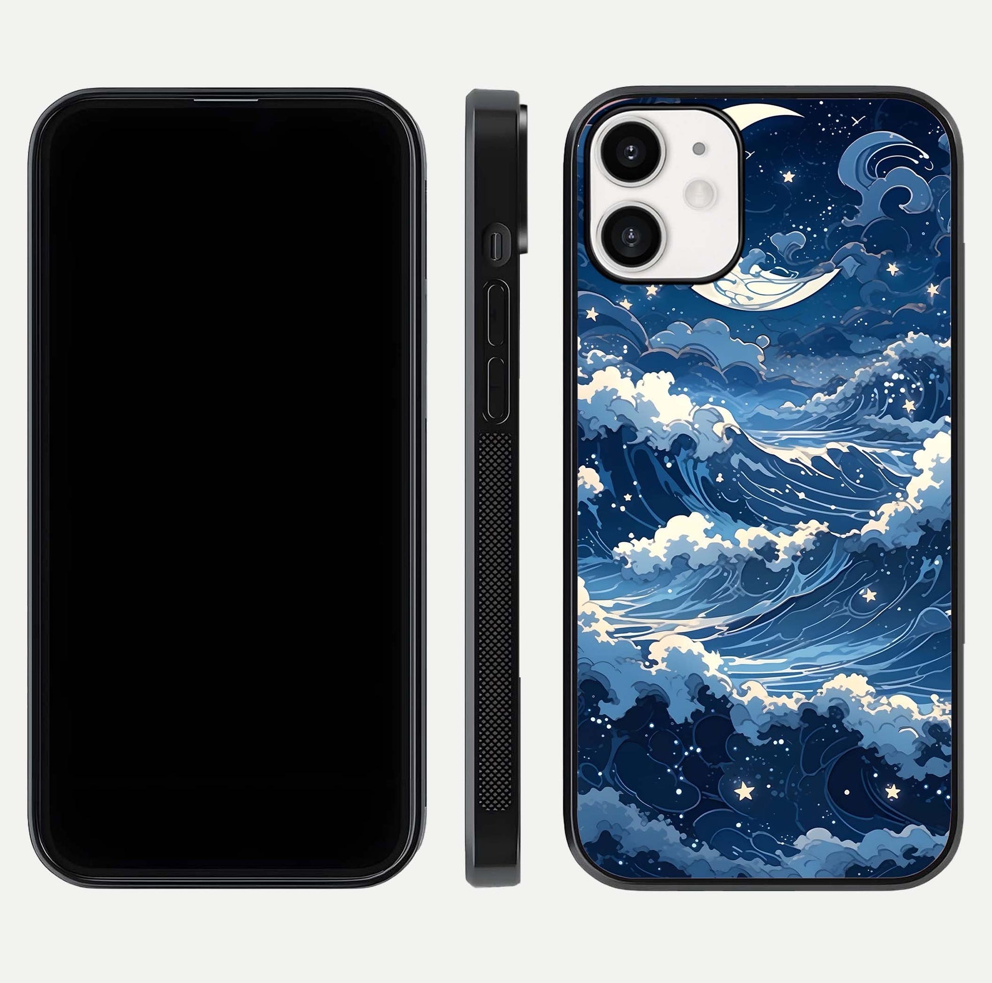 Ocean Moon Waves Glass Case for iPhone 12 Mini front & back layout highlighting water flow and smooth edges