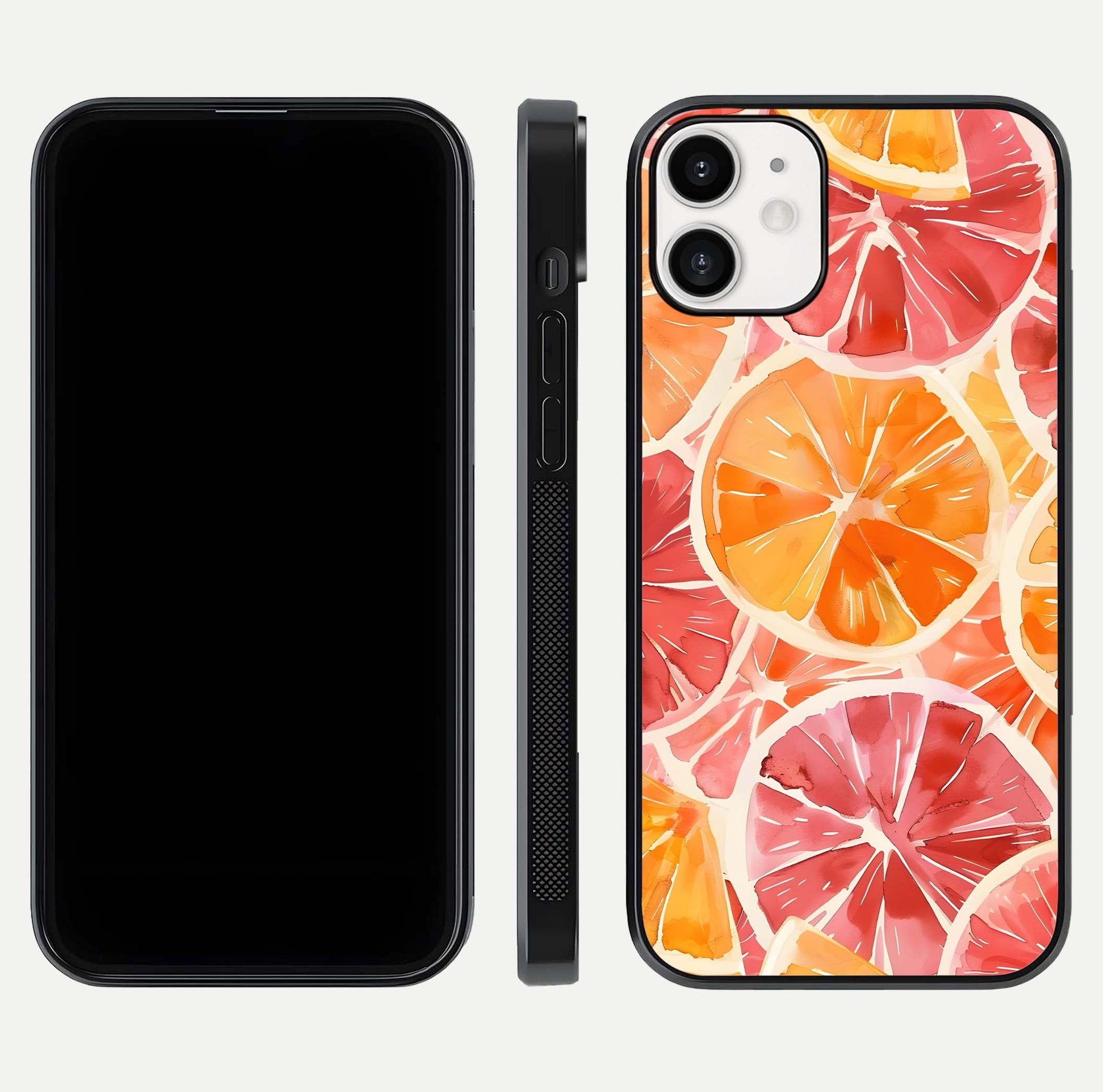 Orange Fruits Pattern Glass Case for iPhone 12 Mini front & back layout highlighting bright colors and clean edges