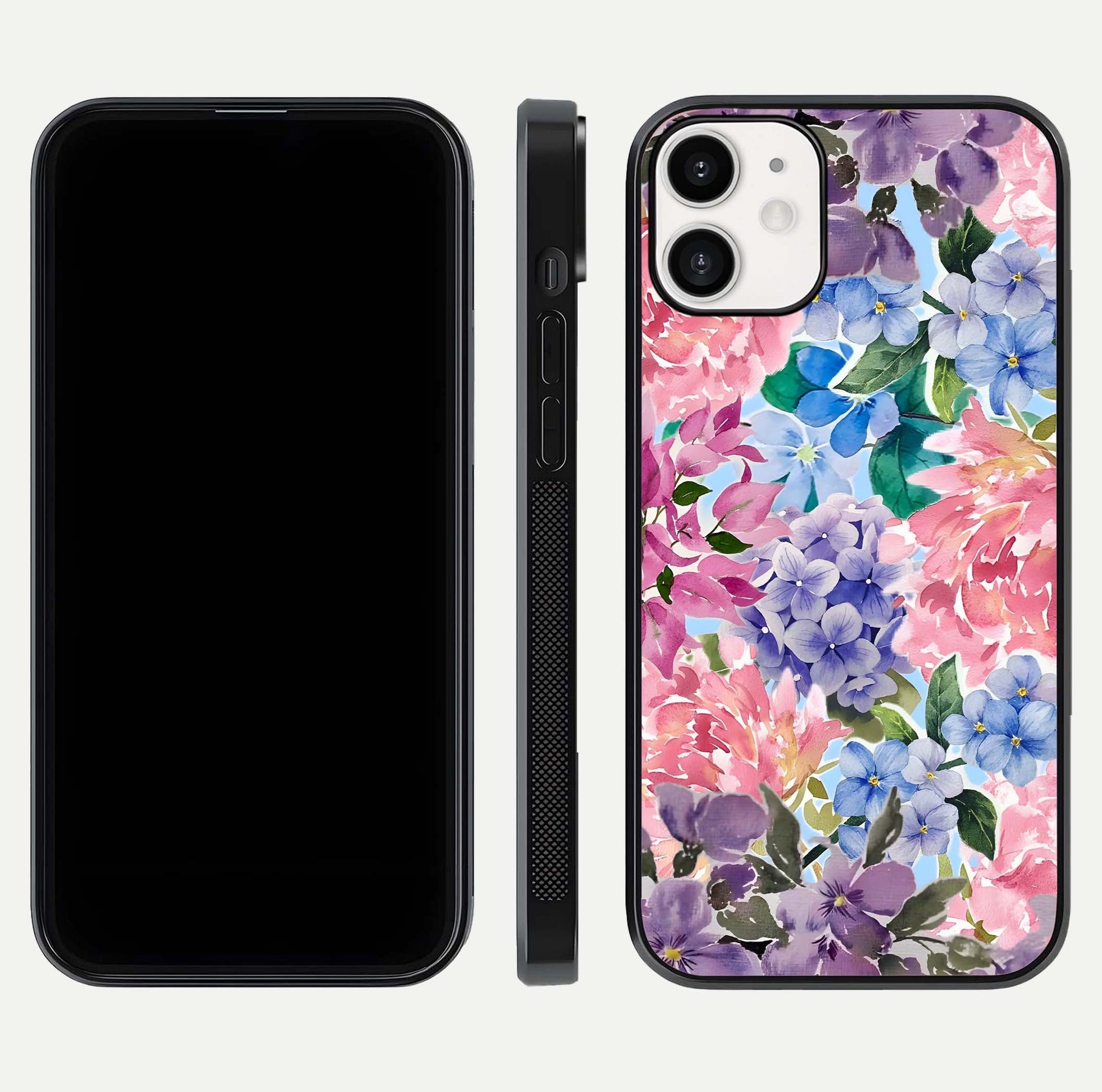 Pastel Floral Mix Glass Case for iPhone 12 Mini front & back layout showing gentle tones and elegant edges
