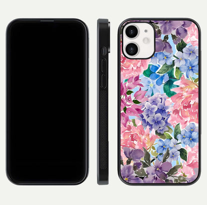 Pastel Floral Mix Glass Case for iPhone 12 Mini front & back layout showing gentle tones and elegant edges