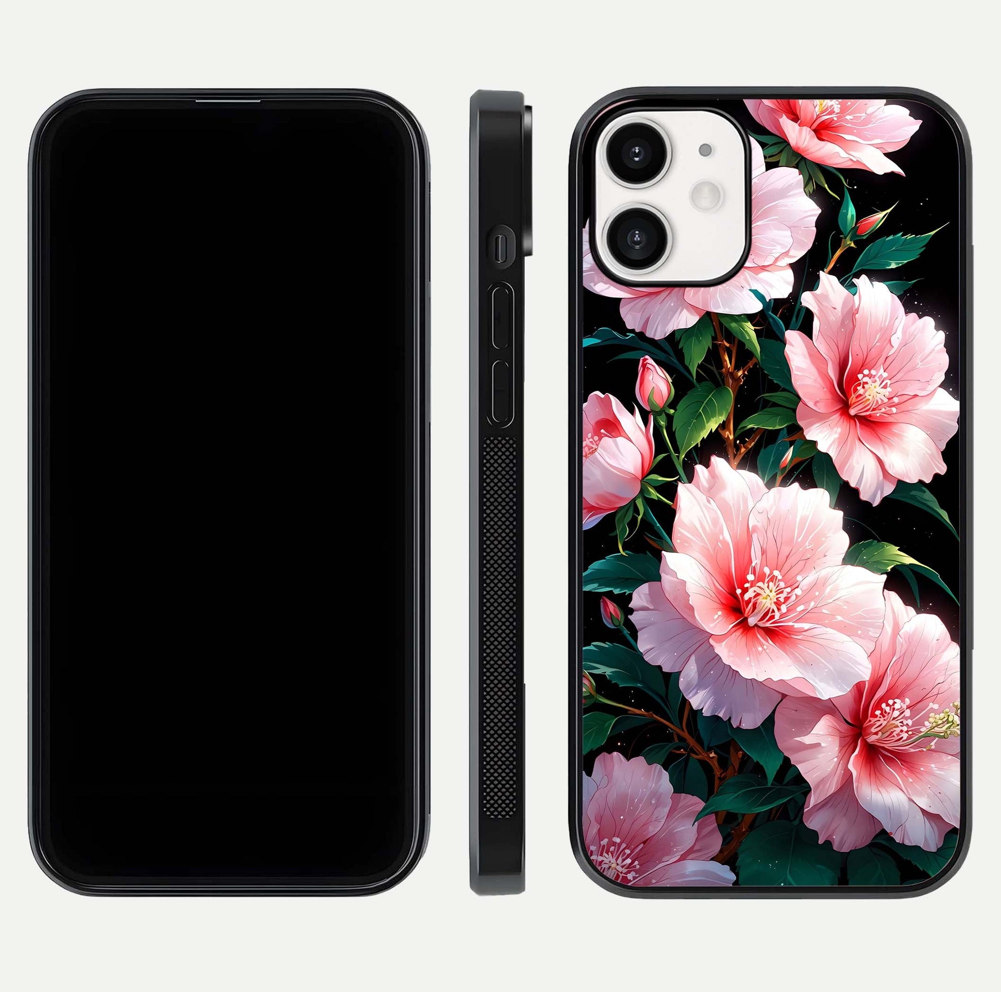Peach Flower Glass Case for iPhone 12 Mini front & back layout showing elegant floral tones and smooth edges