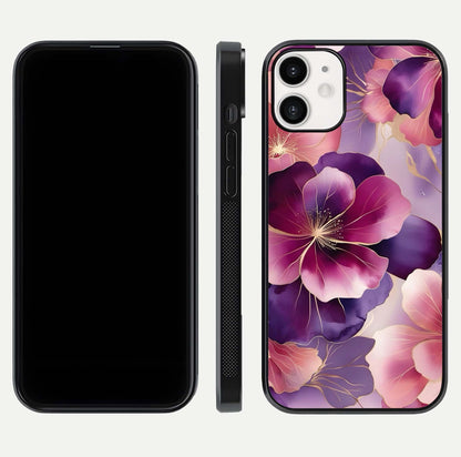 Pink Bouquet Florals Glass Case for iPhone 12 Mini front & back layout highlighting vivid petals and smooth edges