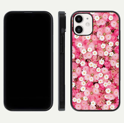 Pink Daisy Bliss Glass Case for iPhone 12 Mini front & back layout showing HD floral tones and edge finish