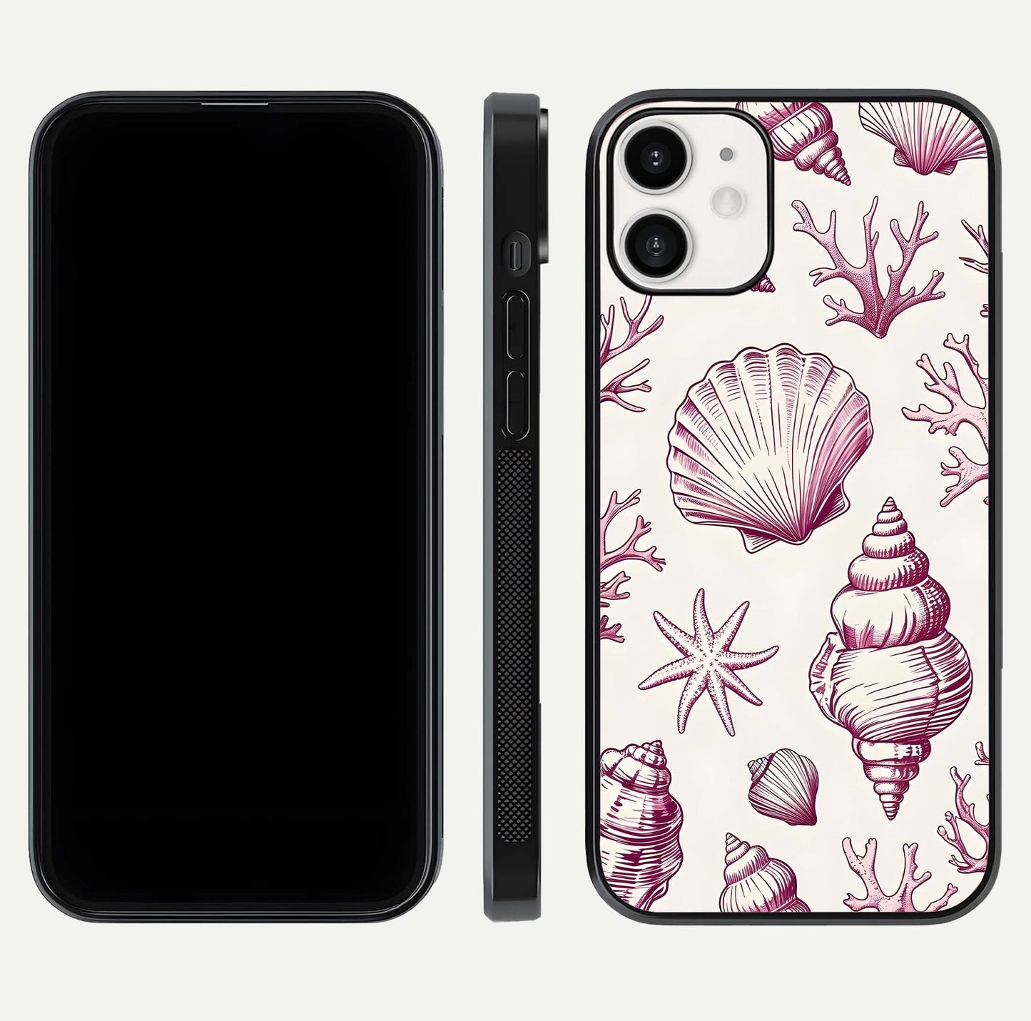 Pink Shells Outline Glass Case for iPhone 12 Mini front & back layout showing soft pastel tones and edge design