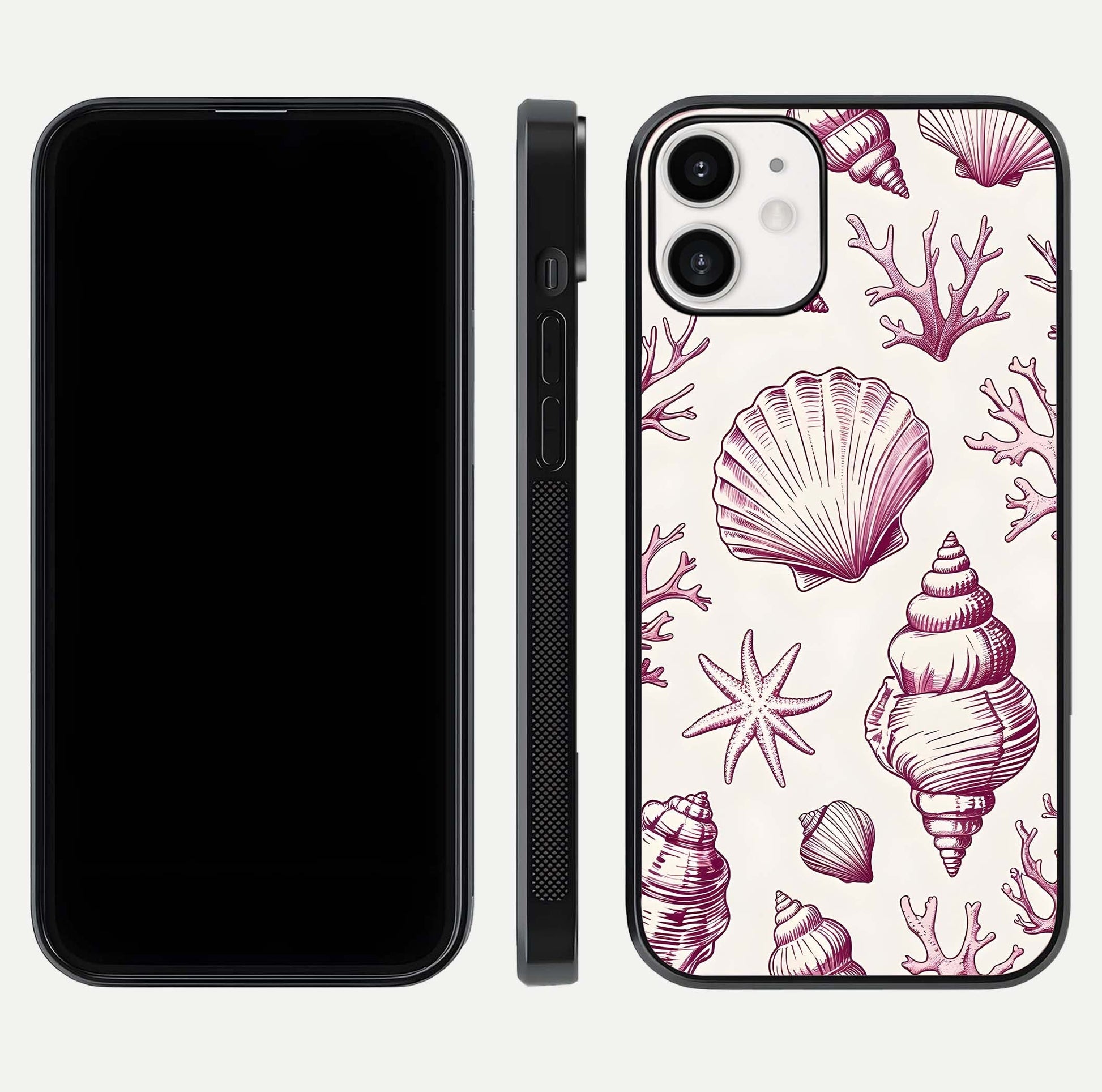 Pink Shells Outline Glass Case for iPhone 12 Mini front & back layout showing soft pastel tones and edge design