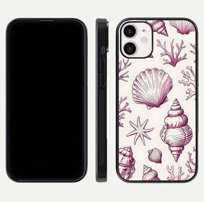 Pink Shells Outline Glass Case for iPhone 12 Mini front & back layout showing soft pastel tones and edge design
