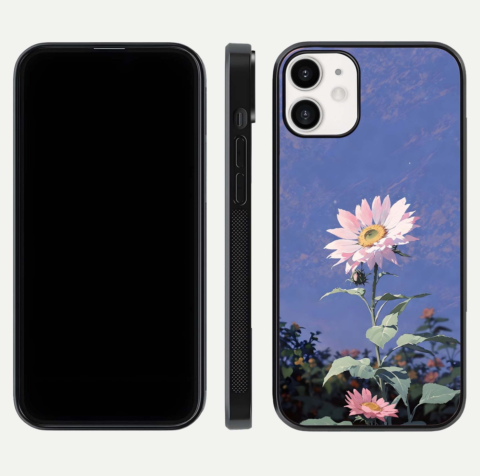 Pink Sunflower Glow Glass Case for iPhone 12 Mini front & back layout showing HD tones and bright finish