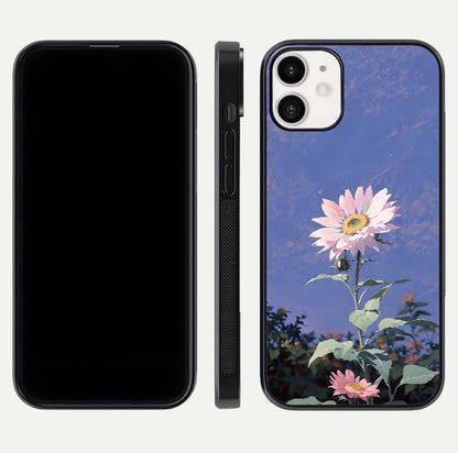 Pink Sunflower Glow Glass Case for iPhone 12 Mini front & back layout showing HD tones and bright finish