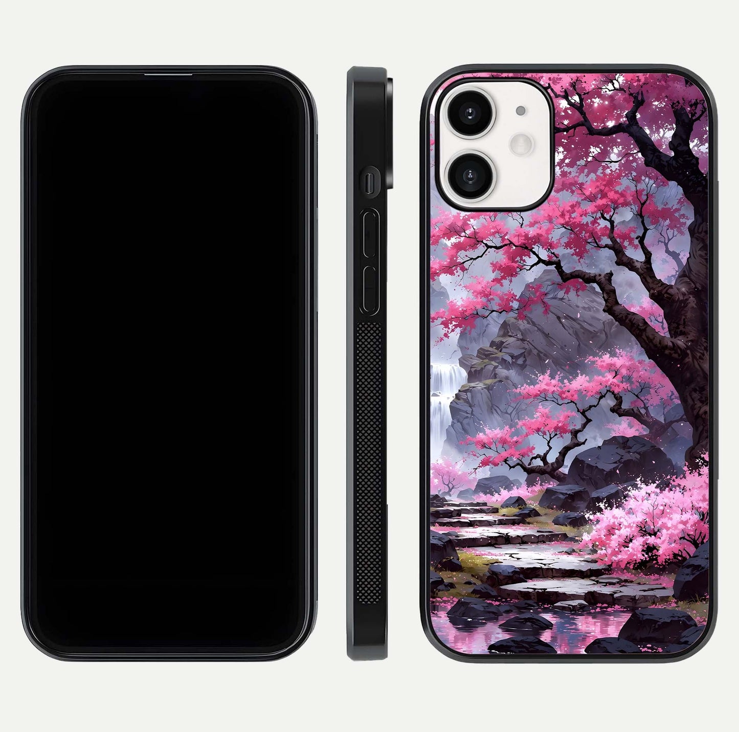 Pinkish Scenery Glass Case for iPhone 12 Mini front & back layout showing landscape art and curved edge finish