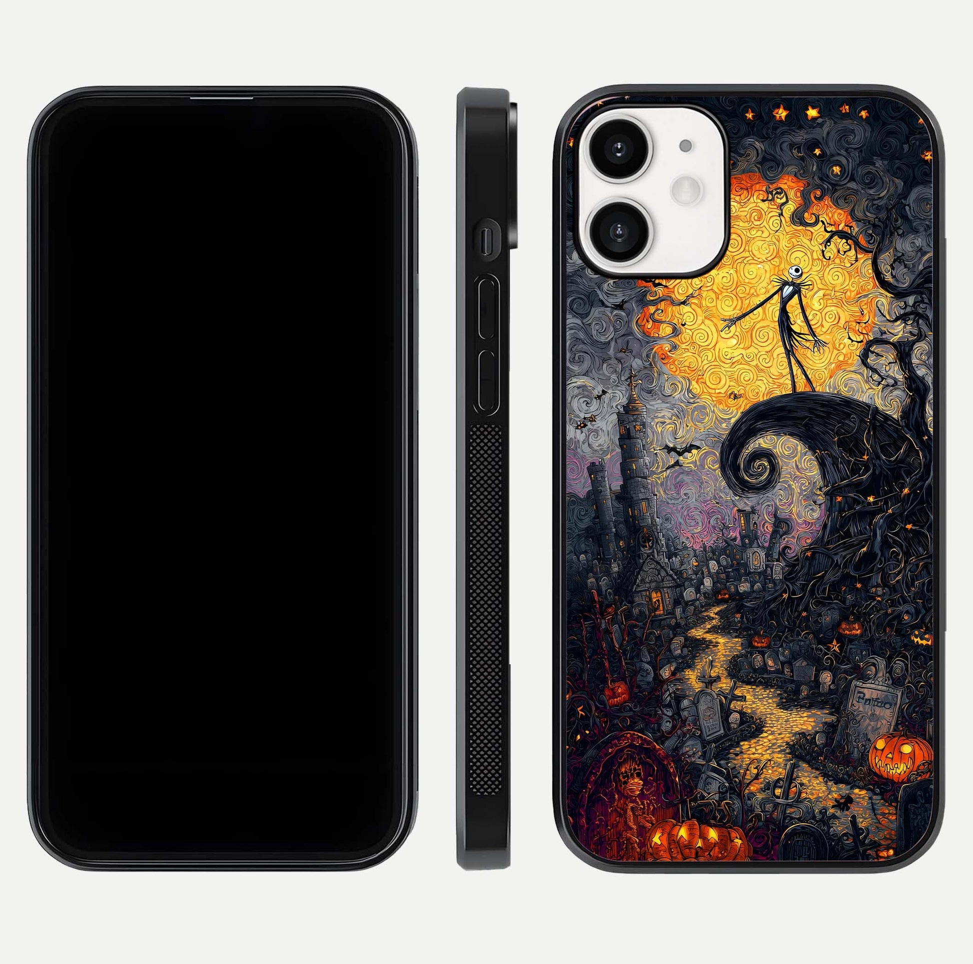 Pumpkin Moon Night Glass Case for iPhone 12 Mini front & back layout highlighting festive tones and smooth edges
