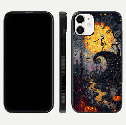 Pumpkin Moon Night Glass Case for iPhone 12 Mini front & back layout highlighting festive tones and smooth edges