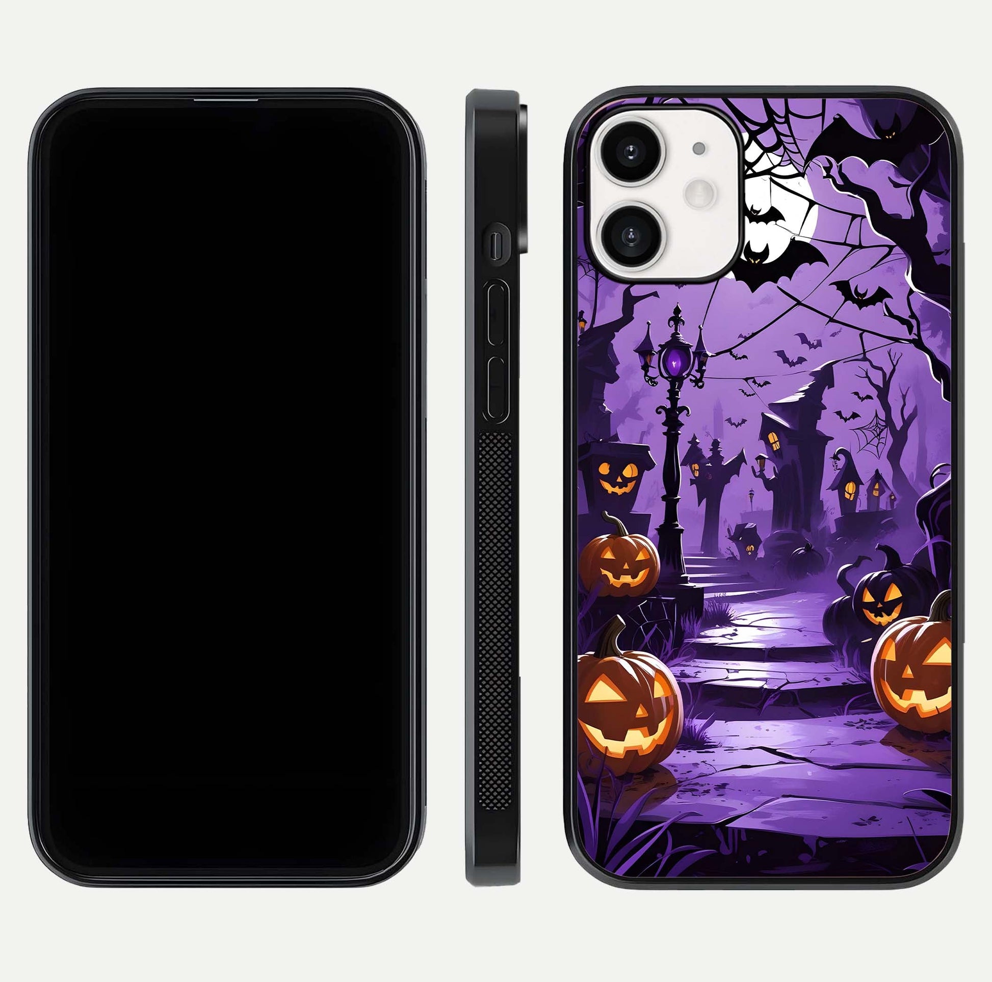 Pumpkin Patch Halloween Glass Case for iPhone 12 Mini front & back layout showing festive Halloween print