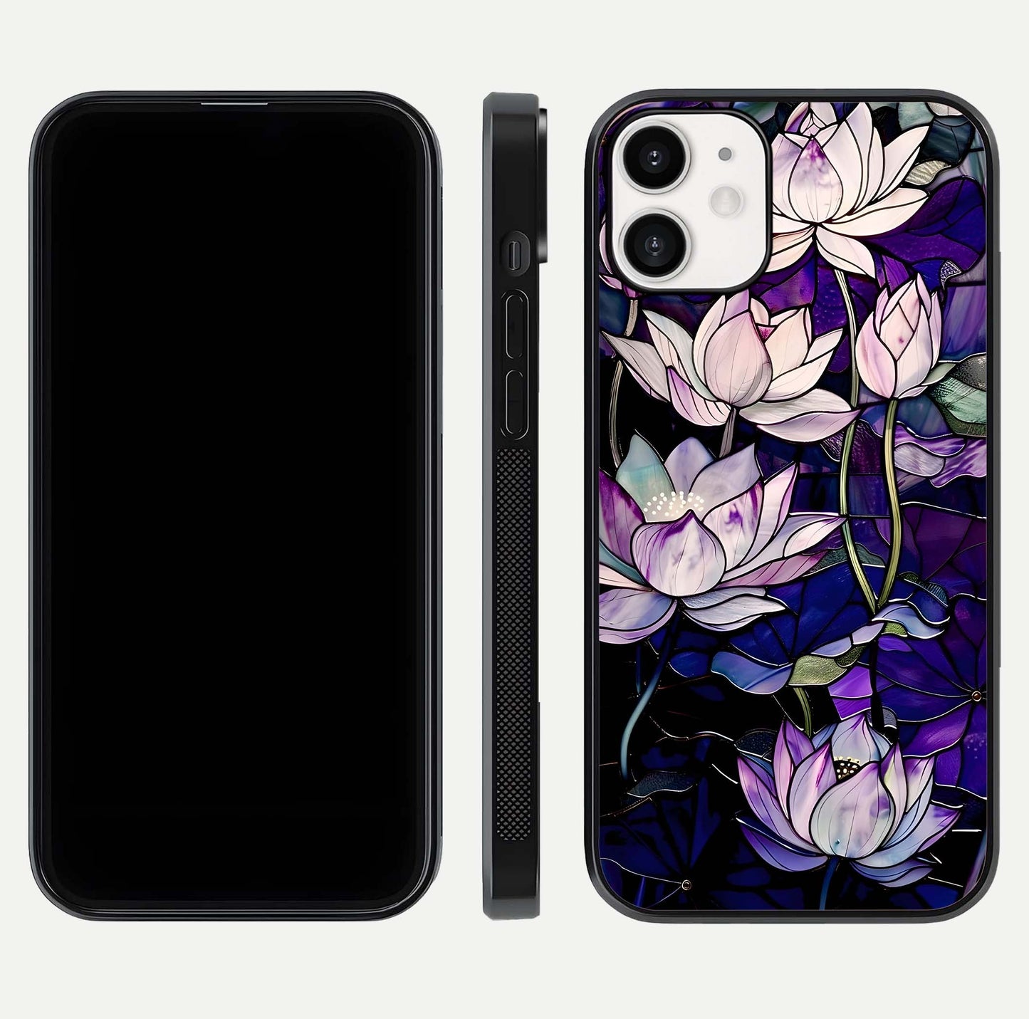 Purple Lotus Pattern Glass Case for iPhone 12 Mini front & back layout highlighting floral tones and soft edges