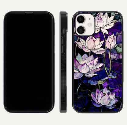 Purple Lotus Pattern Glass Case for iPhone 12 Mini front & back layout highlighting floral tones and soft edges