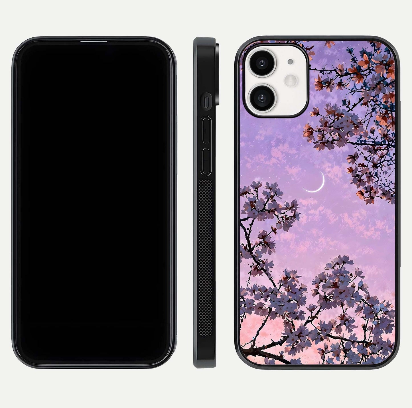 Purple Serenity Moon Glass Case for iPhone 12 Mini front & back layout highlighting celestial tones and curves